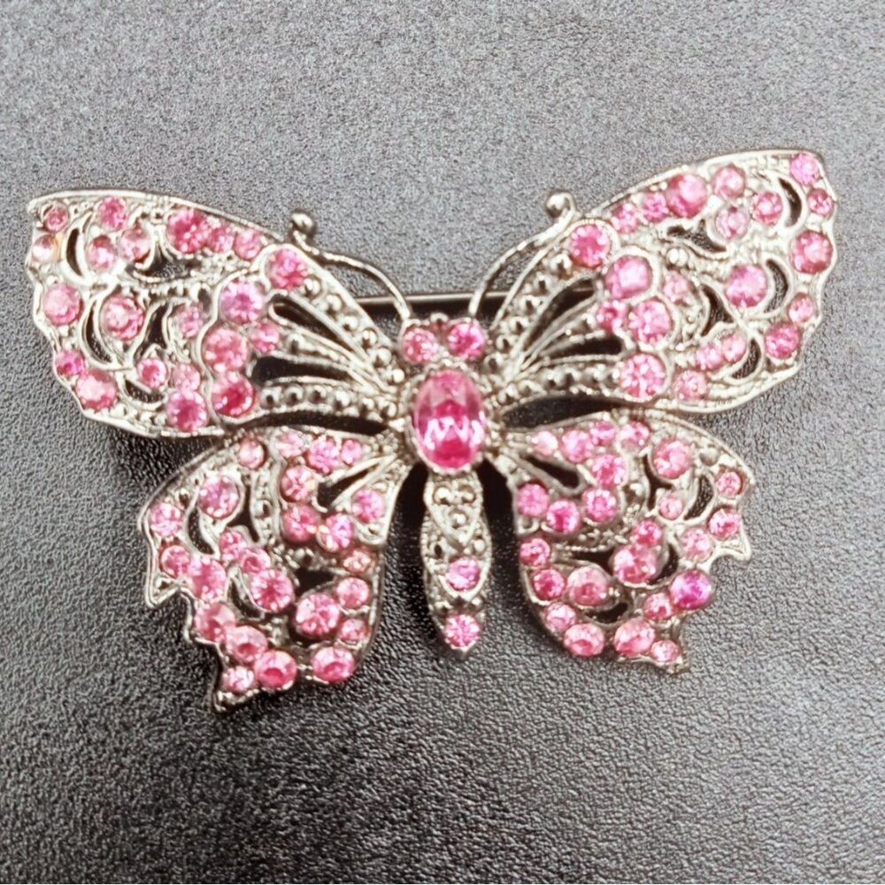 Butterfly Brooch Pink Rhinestone Silver Tone Vintage Jewelry 1.75 Inch Accessory